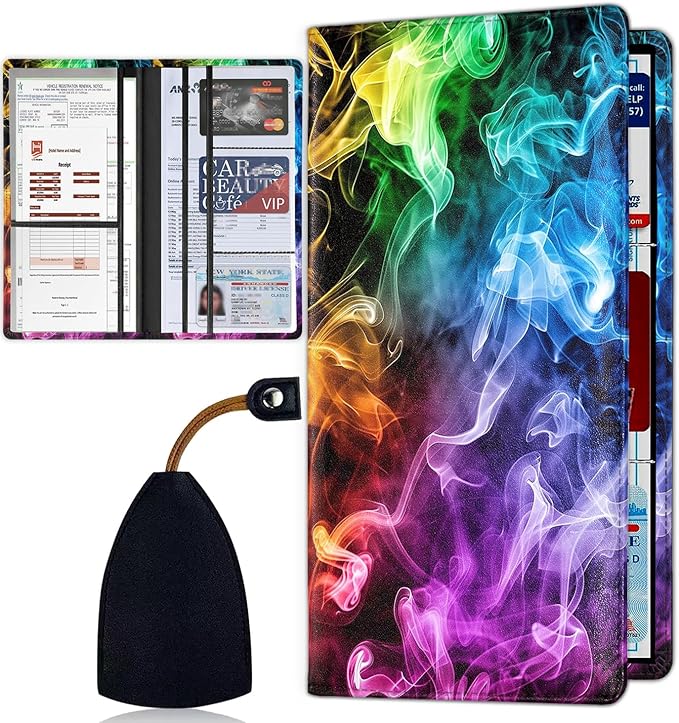 Car Registration Holder, Waterproof PU Leather Vehicle Card Document Glove Box Organizer, Women Interior Auto Accessories Case for Cards, Driver License Car Insurance Holder, Rainbow Smoke Pattern