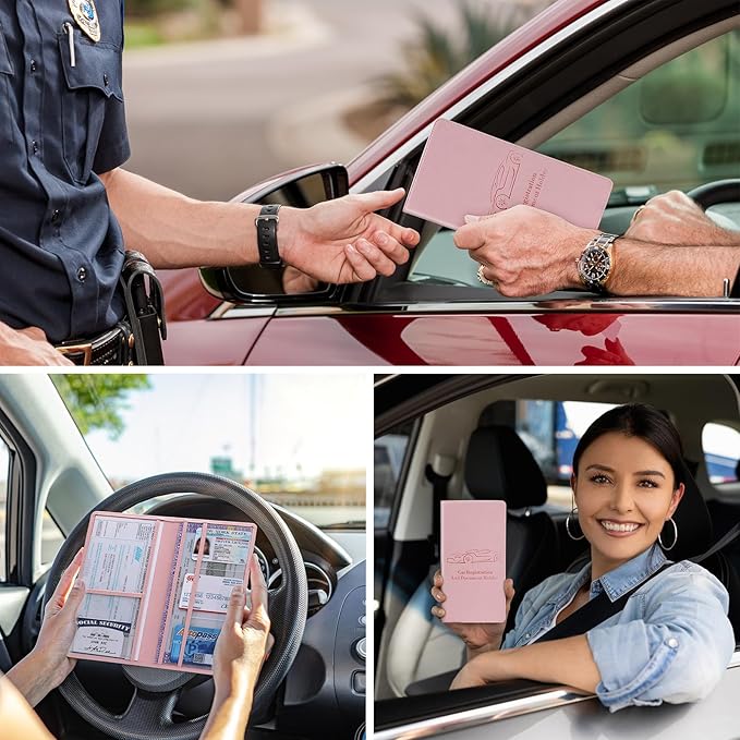 Peisicne Car Registration and Insurance Card Holder for Women Men, Pink Glove Box Paperwork Organizer with Magnetic Buckle for Easy Access and Protect Documents and Various Cards in Vehicle