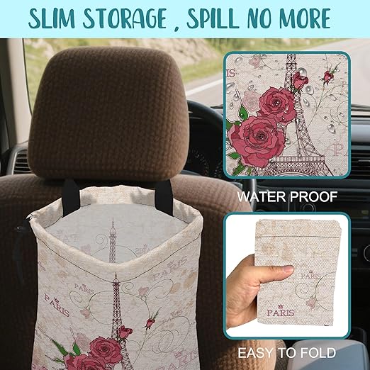 KXWQTRDD Car Trash Bag Pink Eiffel Tower and Roses Leak-Proof Waterproof Car Garbage Bag with Drawstring Foldable Canvas Trash Bin with Adjustable Buckle for Car Accessories, Travelling, Camping