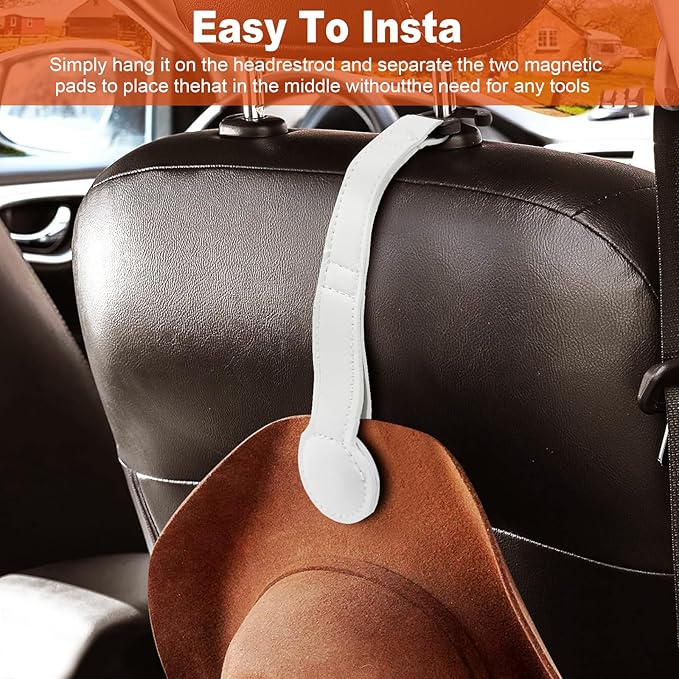 2 Pack Cowboy Hat Holder for Truck, Leather Magnetic Cap Clip, Truck Car Seat Hat Organizer Accessories for Men and Women, Suitable for Car, SUV, Pickup Seat Back Headrest Hat Clip Storage (White)