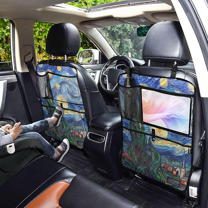 JIPONI Car Backseat Organizer, Van‘Gogh Starry Art Automotive Back Seat Protector, Kick Mats with Storage Pockets for Kids Pets, Road Trip Accessories (2 Pack)