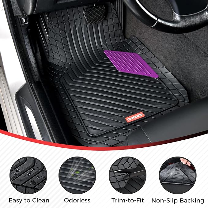 Coverado Car Floor Mats Full Set – Heavy-Duty PVC Floor Mats with Purple Metallic Heel Pad, All-Weather Protection for Front & Rear, Non-Slip Backing, Easy-Clean Interior Liners