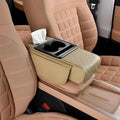 Multifunctional Pu Leather Car Armrest Box Mat With Cup Holders, Universal Armrest Box Pad, With Side Pockets, Easy To Clean Interior Organizer Waterproof For Cars, Trucks, Suvs (Quilted, Beige)