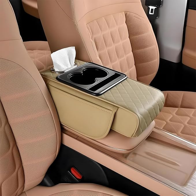 Multifunctional Pu Leather Car Armrest Box Mat With Cup Holders, Universal Armrest Box Pad, With Side Pockets, Easy To Clean Interior Organizer Waterproof For Cars, Trucks, Suvs (Quilted, Beige)