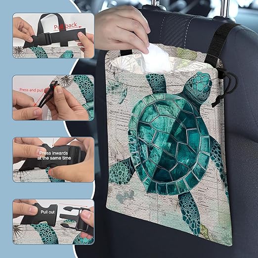 Watercolor Sea Turtle Car Trash Bag,Vintage Map Strap Drawstring Car Garbage Bags,Car Back Seat Organizer with Adjustable Buckle for Car Accessories