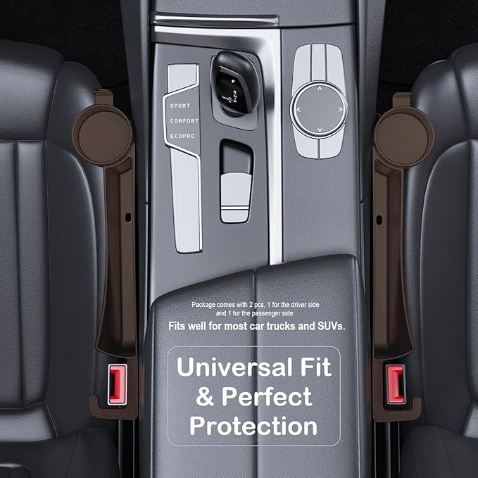Car Seat Gap Plug with Storage Slot, Auto Gap Filler Organizer with Cup Holder, Universal Carseat Side Gap Filler Strip 2 Pack Between Front Seats & Console, Anti-Drop Pad with Seatbelt Holes, Brown