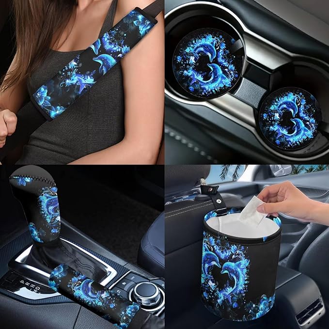 Dngkaoje Neon Dolphin Car Seat Covers Full Set 13 Pcs Auto Seat Accessories with Blue Dolphin Print Hanging Trash Bag,Seatbelt Shoulder Pads,Universal Auto Front and Rear Split Bench Seat Covers Set