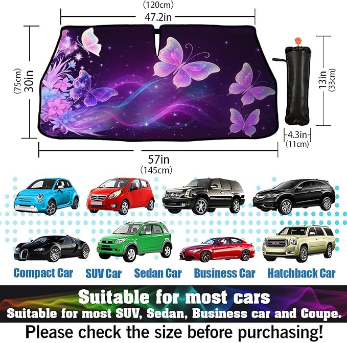 DOPINDU Butterfly Flowers Car Windshield Sun Shade Umbrella Bendable Handle Foldable Funny Sunshade for Car Windshield Block UV Rays Keep Vehicle Cool for Most Sedans SUV Trucks Cars 57"x30"