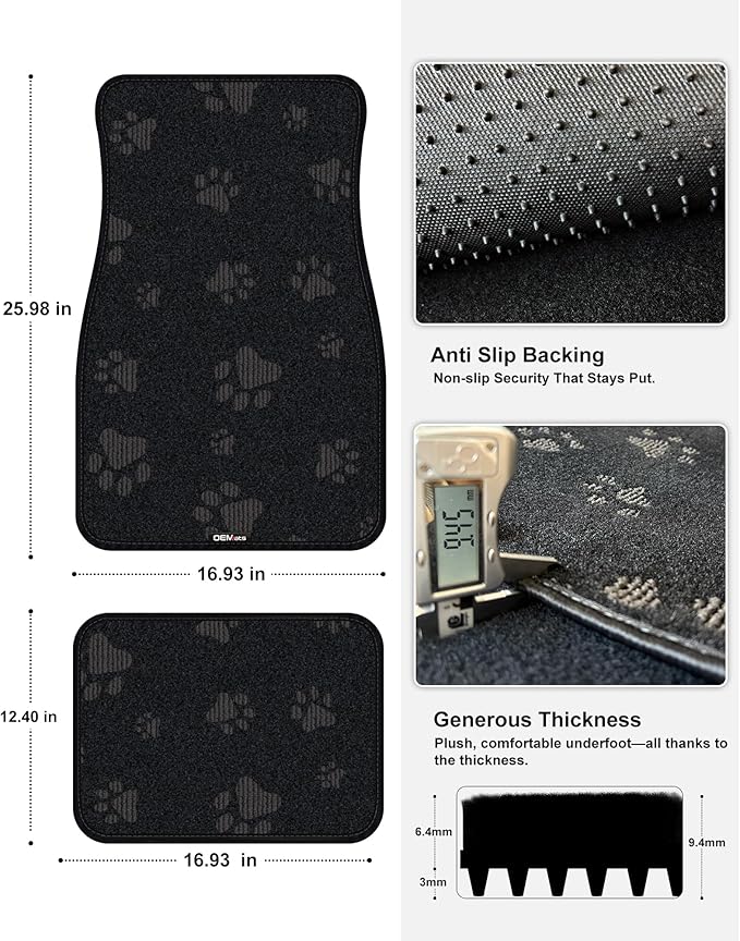 Cute Embroidered Dog Paw Car Floor Mats for Pet Lovers, Universal Fit All Weather Car Mats with Anti-Slip Nibbs Backing, Carpet Floor Mats for Cars, Trucks & Sedans, Full Set of 4 (Gray Paw)