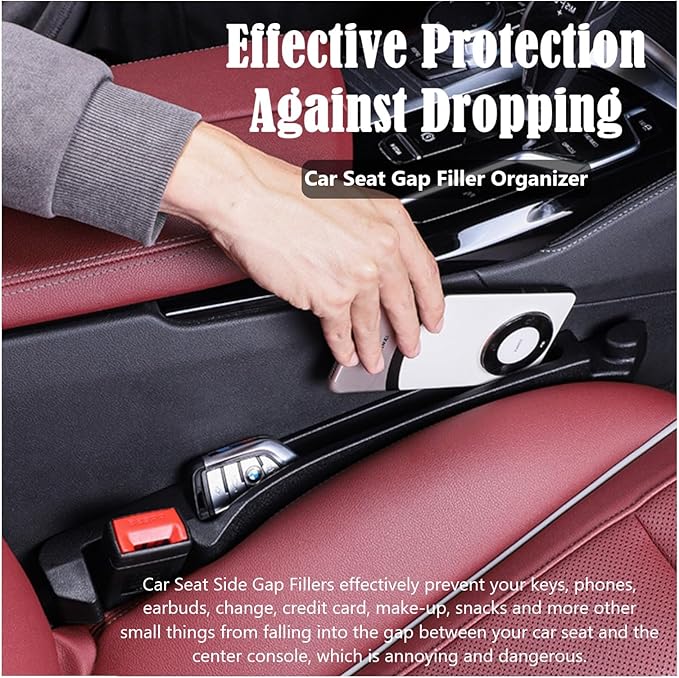 Car Seat Gap Filler Organizer 2 Pack, 3in1 Carseat Side Gap Plug with Filler, Organizer & Hook Functions, Gap Space Stopper Universal Fit Car SUV Truck Fill the Gap Between Seat & Console, Black