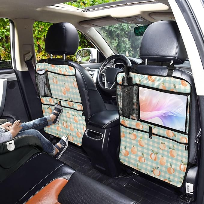 1 Pack Back Seat Car Organizer with Storage Pockets Kick Mats Back Seat Protector Hanging Car Organizer Automotive Seat Back Cover Organizers Peaches Plaid Vacation Style Blue