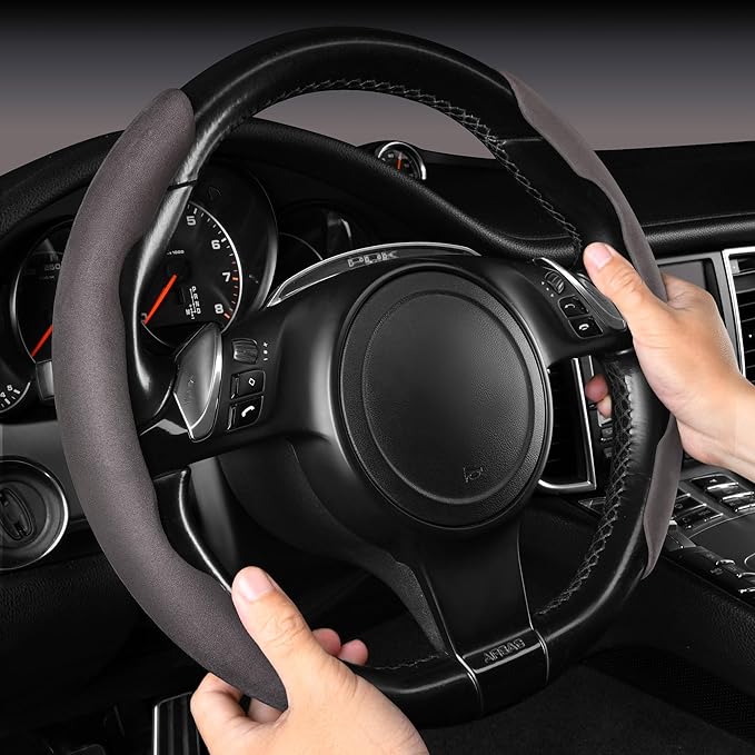 CAR PASS Suede Steering Wheel Cover, Segmented Wheel Protector Non-Slip Sporty Car Accessories Universal Fit D-Shape O-Shape 14.5" to 16" Steering Wheel for Men Women, 2PCS Coffee Gray Suede