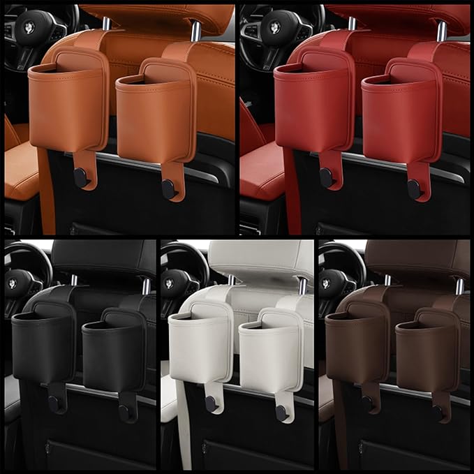 2-Pack Car Seat Back Cup Holder Organizer, Faux Leather Car Cup Holders with Hooks, Universal Backseat Storage for Drinks, Bottles & Travel Accessories (White)