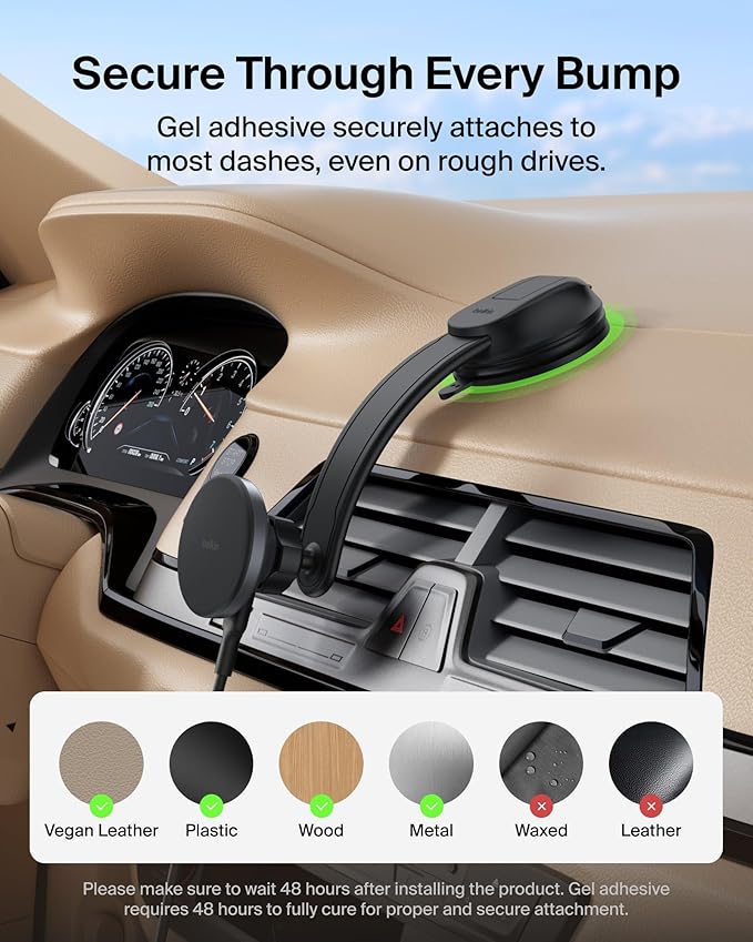Belkin Wireless Car Charger, Magnetic Car Dash Mount w/ 1M USB C Cable, Qi2 MagSafe Compatible Fast Charging iPhone Charger for iPhone 17, Galaxy S25, Pixel 10, & More - Travel Accessories - Black