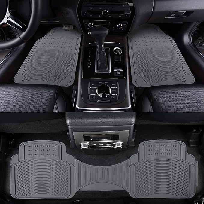 Amazon Basics Universal PVC Faux Rubber Car Floor Mats, Anti-Slip, All Weather Protection, Waterproof Flexible Trim to Fit for 95% Automotive SUV Sedans Trucks, Charcoal Pure Grey, Pack of 3
