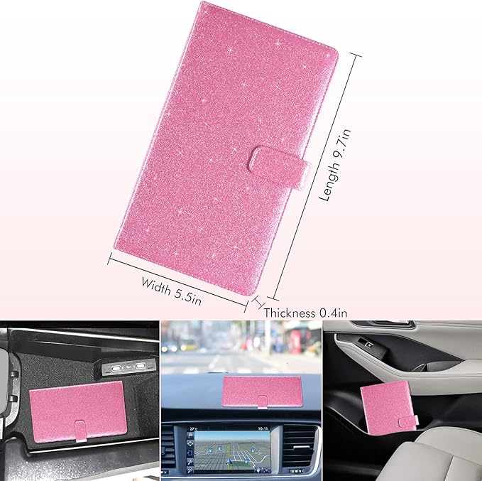 Car Registration and Insurance Holder Vehicle Glove Box Organizer Leather Car Document Holder for Driver's License, ID, Key Information Cards with Magnetic Closure, Glitter Pink