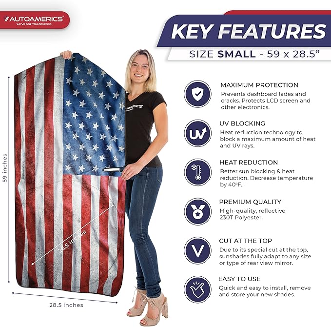 Autoamerics 1-Piece Windshield Sun Shade Grunge American Flag - 3 USA Design - Foldable Car Front Window Sunshade for Most Sedans SUV Truck - Blocks Max UV Rays and Keeps Your Vehicle Cool - Small
