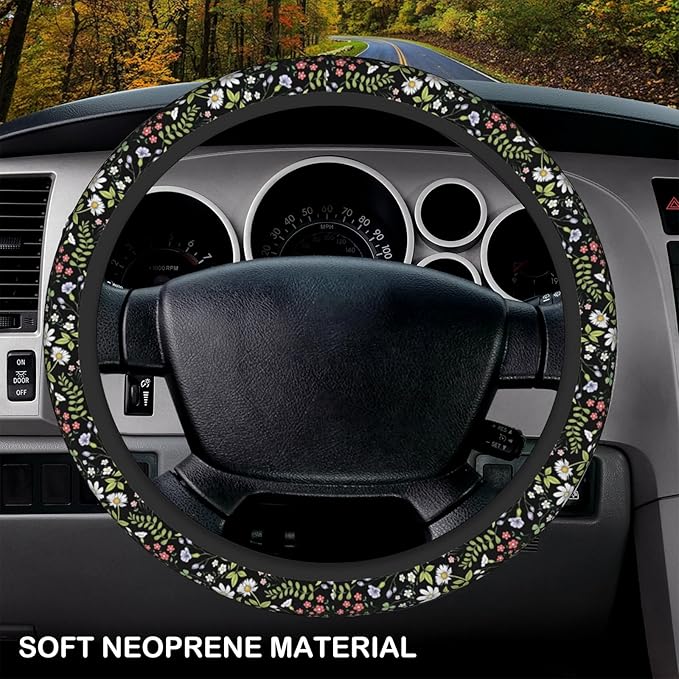 Garden Plants Floral Elastic Steering Wheel Cover, Non-Slip Breathable Neoprene Steering Wheel Covers, Women Car Accessories, Universal 15 Inch Fit Auto, Suvs, Truck