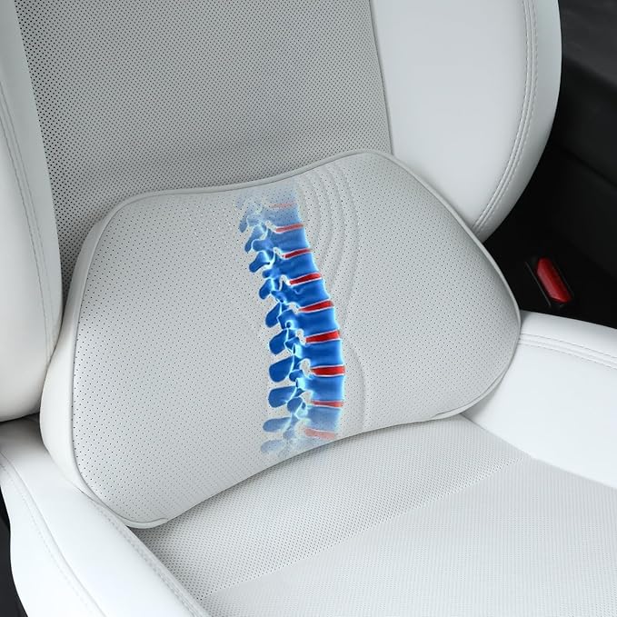 Dapucarin Lumbar Support Pillow for Car Seat, Office Chair Nappa Leather Memory Foam Lower Back Cushion for Back Pain Relief Improve Posture, Ergonomic Back Rest for Gaming Chair, White, 1PC
