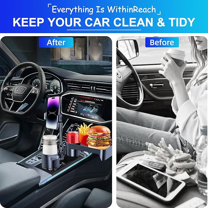 Car Cup Holder Tray, 4 in 1 Drink Holder Expander with Expandable Food Tray Table, for Road Trip Essentials & Daily Commute (Tray(9.05" * 5.7"))