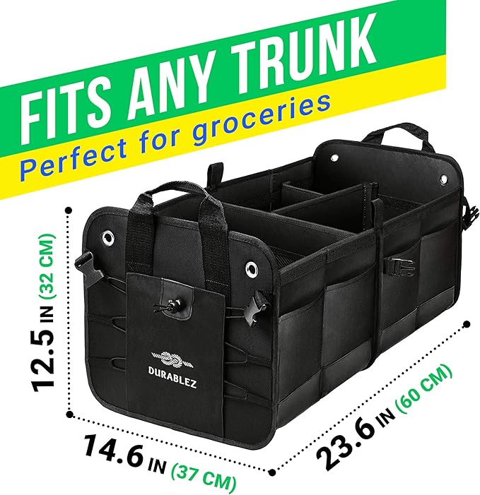 DURABLEZ 2-Section Trunk Organizer Foldable Car Storage Bin – Compact Dual-Compartment Auto Organizer with Cover Net, Non-Slip Pads, Heavy Duty Oxford 1680D – Black
