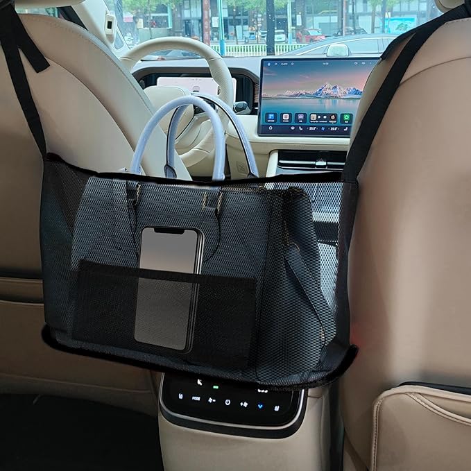 Car Net Pocket Handbag Holder, Purse Holder for Car, Driver Storage Netting Pouch for Handbag Purse, Mesh Vehicle Storage Organizer Between Front Seats Universal for SUV Truck RV (Black)