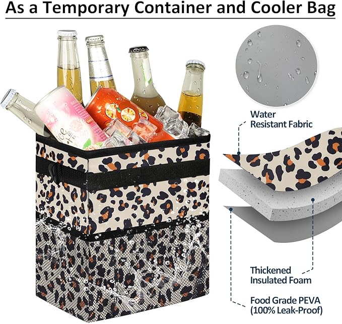 ELONGRIVER Car Trash Can Bin for Back Seat Leak Proof, Cute Car Trash Bag Hanging, Vehicle Trash Can for SUV Truck Van, Automotive Garbage Cans Front Seat Leopard Print, 2 Gallons