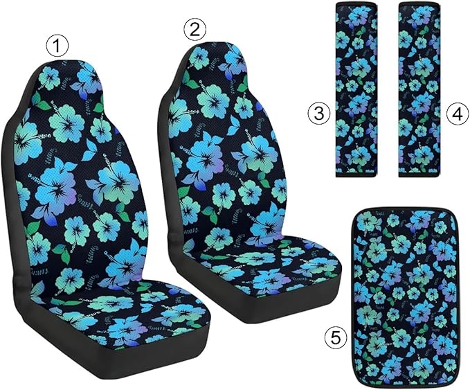 Psesaysky Universal Leather Car Seat Covers Set, Blue Hibiscus 2 Front Seat Protectors + 2 Seat Belt Pads + 1 Center Console Armrest Cover (5 Pieces Full Set)
