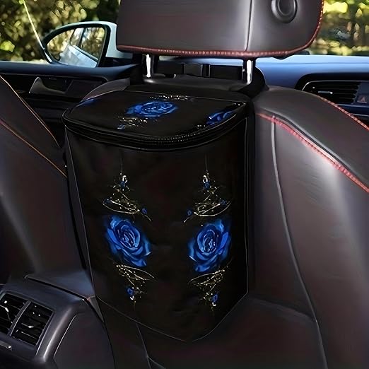 5L Large Capacity Multipurpose Trash Bin for Van Car Trash Can with Lid Trash Bag Hanging with Storage Pockets Leak-Proof SUV Organizer Collapsible and Portable Truck Garbage Bin (Deep Blue Rose)