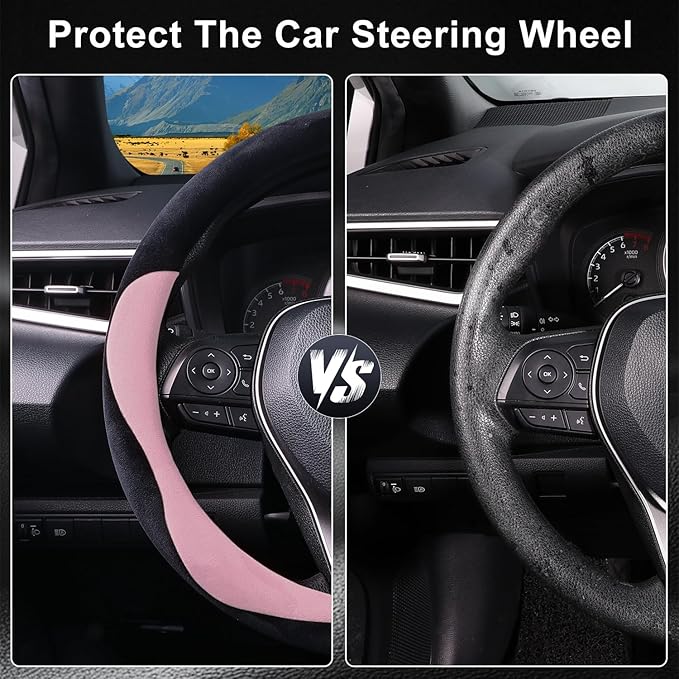 COFIT Plush Steering Wheel Cover Winter, Soft Warm Furry Grip Protector for Cars SUVs Trucks, Fits 14.5-15 Inch, Non-Slip Interior Accessory, Pink