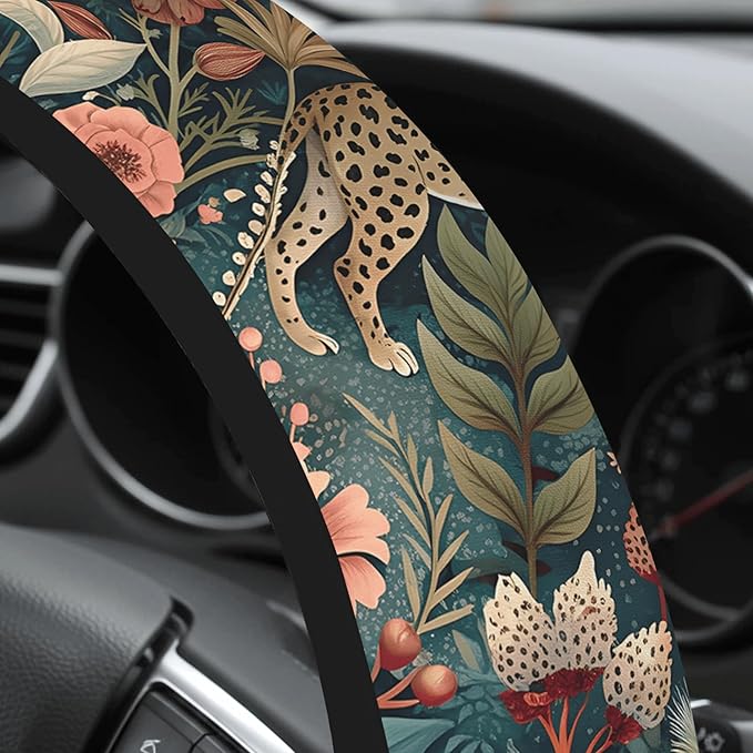 Cute Steering Wheel Cover for Women, Machine Washable Universal 14.5-15.5 inch Non-Slip Grip All Weather Use (Leopard Print)