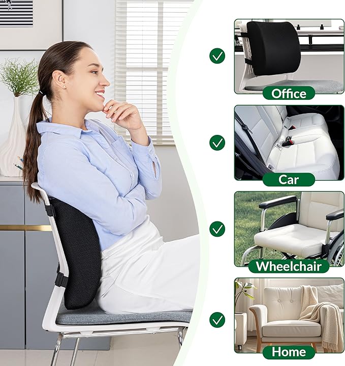 FuturaLoom Lumbar Support Pillow for Office Chair Car Seat,Charcoal Memory Foam Chair Back Cushion for Back Pain Relief with Double Adjustable Straps