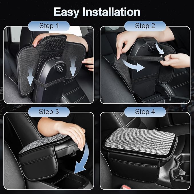 Center Console Cover Fit for Acadia: Upgraded Diamond Auto Middle Console Cover - Crystal Rhinestone Armrest Cover for Car with 2 Storage Bags,Anti-Scratch Auto Armrest Pad Accessory （Black
