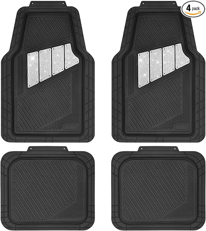 CAR PASS Heavy Duty Rubber Floor Mats 4-Piece Bling Car Mats Full Set - Universal Waterproof Floor Mats for SUV Truck, Durable All Weather Car Mats, Automotive Mats for Women Glitter Silver