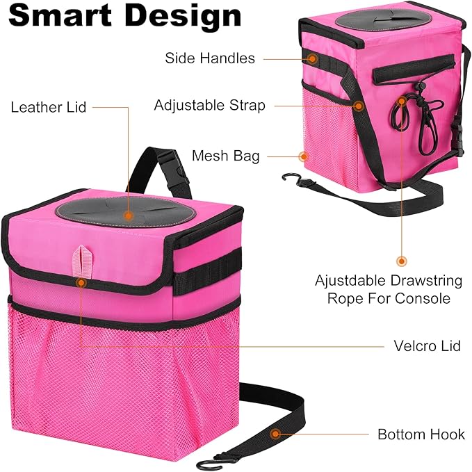 GPUSFAK Car Trash Can Foldable Garbage Bin Leakproof 2.3 Gallons Car Trash Bag Pink