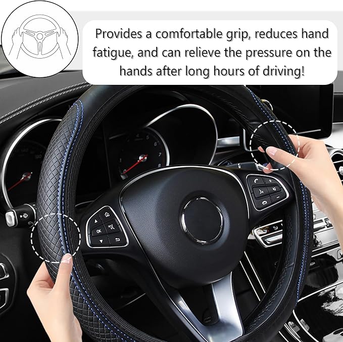 Leather Steering Wheel Cover,Anti Slip Car Steering Wheel Cover for Car Decorations & Steering Wheel Protections,Universal 15Inch Wheel Cover Car Interior Accessories for Men & Women (Black+Blue)