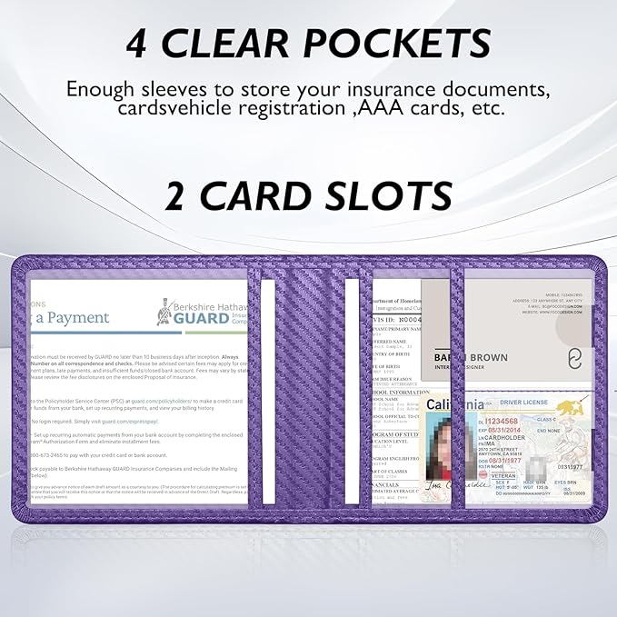 Tavonis Car Registration and Insurance Card Holder，Small Glove Box Organizer for Men and Women，Car and Truck Driver License, Documents, Card Storage Accessories，Purple