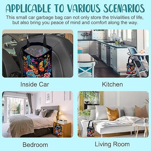 KXWQTRDD Car Garbage Bag Colorful Flowers and Butterflies Hanging Canvas Car Trash Bag Waterproof Drawstring Car Back Seat Organizer for Car Back Front Seat Console with Adjustable Buckle