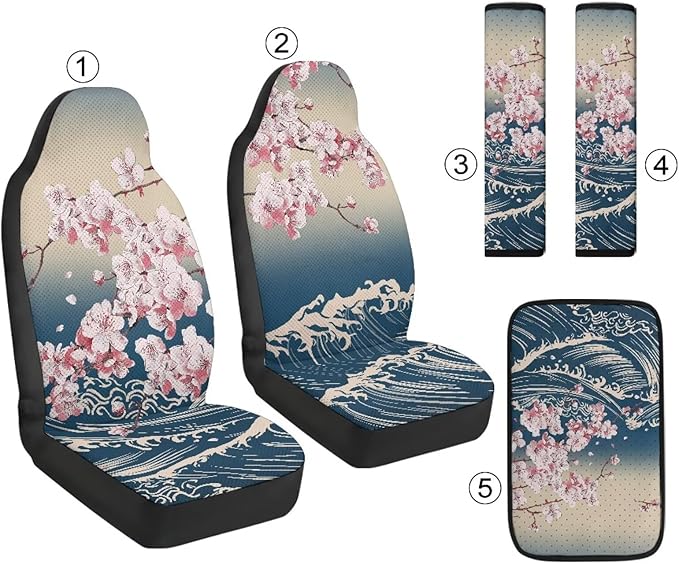 Oramclsy Cherry Blossom Car Seat Covers Set with PU Breathable Armrest Pad Seatbelt Pad 5 Pack Car Accessories Interior Decor Universal Size