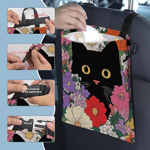 Black Cat on Colorful Flowers Car Garbage Bag,Small Car Trash Bag Hanging,Drawstring Car Garbage Bag with Adjustable Buckle for Car Back Seat,SUVs,Camping,Road Trips