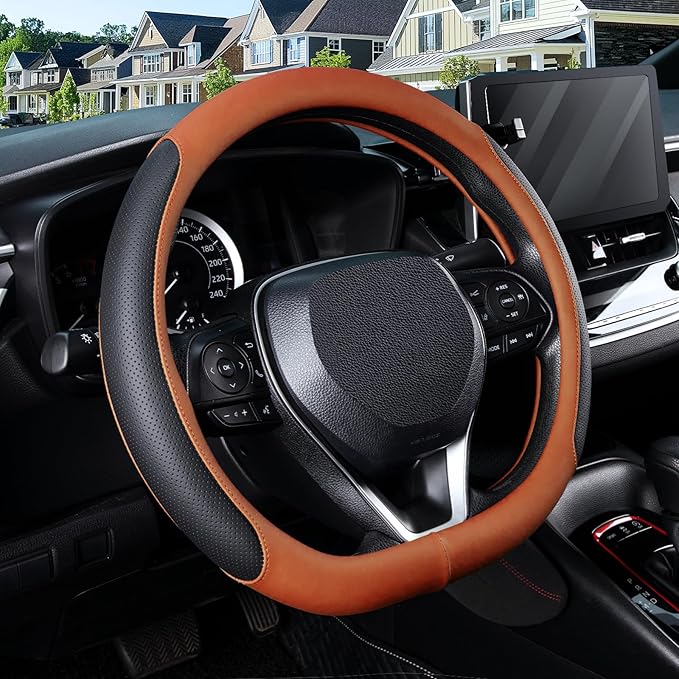 SEG Direct D Shaped Steering Wheel Cover for 14.5-15 inch Flat Bottom Wheels, Breathable Perforated Microfiber Leather, Anti-Slip Grip, Universal Fit for Cars & SUVs, Black and Orange