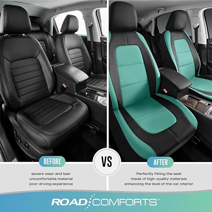Road Comforts Car Seat Cover, Leather Car Seat Covers, Front Low Back Sport Seat Covers, Airbag Compatible, Universal Fits for Most Cars (Mint)