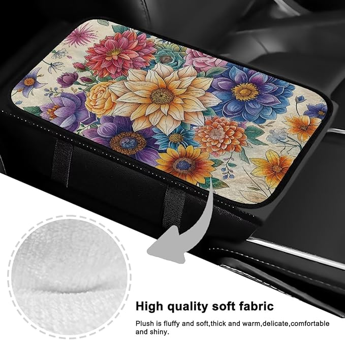 Bulopur Colorful Flowers Car Center Console Cushion Pad Flannel Center Console Cover Easy to Install Car Decor Accessories Auto Universal Car Interior Accessories Car Arm Rest Cover