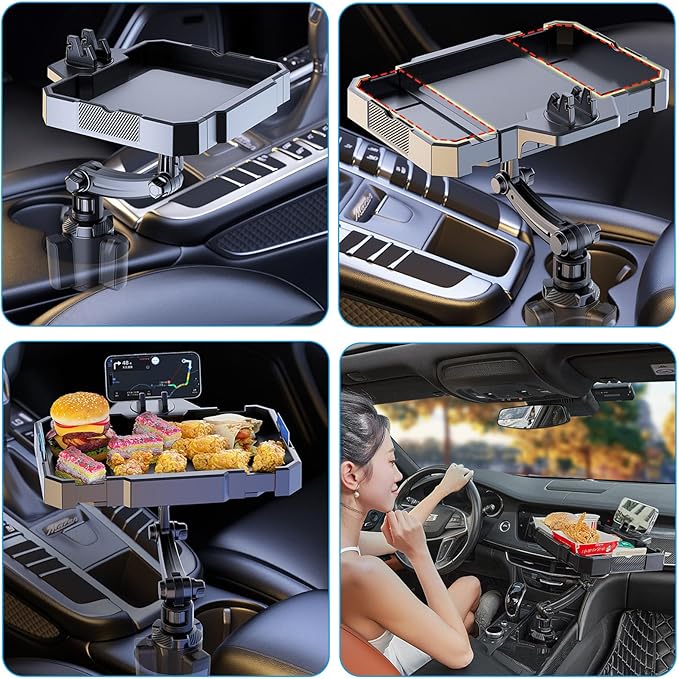 5 in 1 Car Cup Holder Tray Expander, Detachable Food Table Tray with Solid Base, 7.9~9.8 inch Expandable Car Travel Cup Coffee Table Stand 360° Rotating Tray with Phone Holder, Road Trip Essentials
