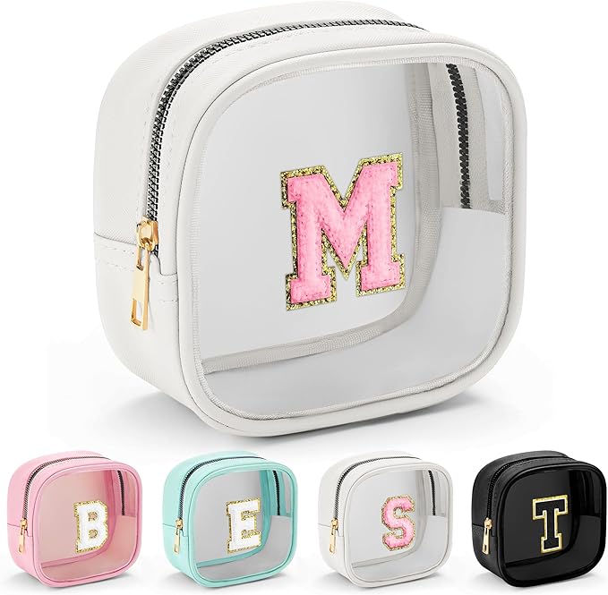YOOLIFE Initial Make Up Bag Travel Toiletry Bag, Clear Makeup Bag Preppy Cosmetic Bags Organizer Travel Essentials Gifts for Women Teen Girlfriend Teacher Mom Birthday Mothers Day Gifts White M
