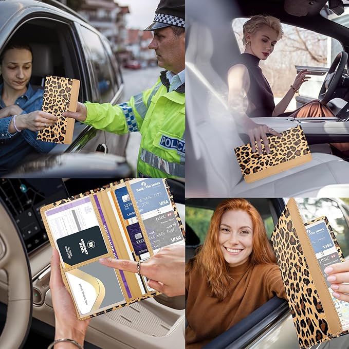 FinestHouse Car Registration and Insurance Holder with Magnetic Closure, Universal Document Organizer for License, Insurance Cards & Glove Box Storage (Leopard-Brown)