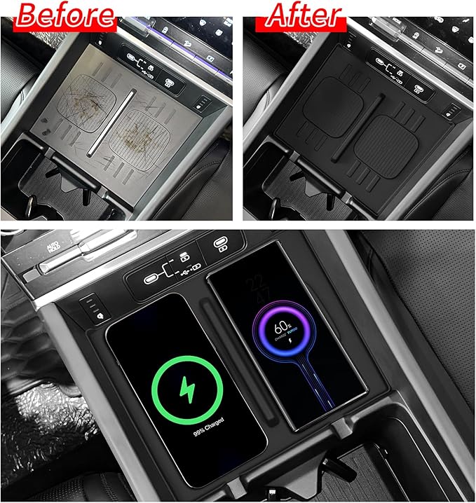 LUCKEASY for 2024 2025 2026 Hyundai Santa Fe Not for Hyundai Tucson Center Console Silicone Water Cup Holder Insert with Wireless Charging Pad Protector 2PCS Black for Santa Fe Accessories