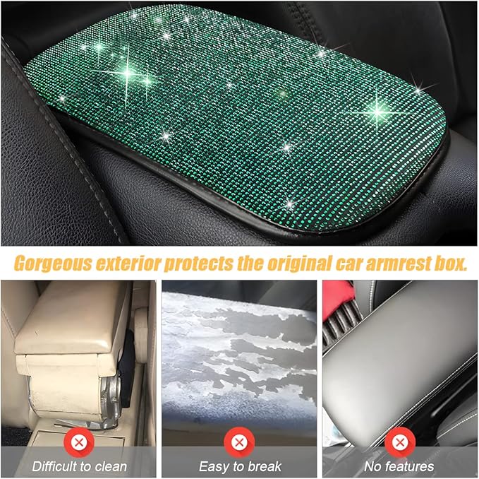 Bling Center Console Cover, Diamond Fashion ArmRest Pad, Crystal Soft Arm Rest Protective Cushion, Car Accessories for Women Girls, 11.8"×8.5" for Most of Vehicles, SUVs, Trucks (Black&Green)