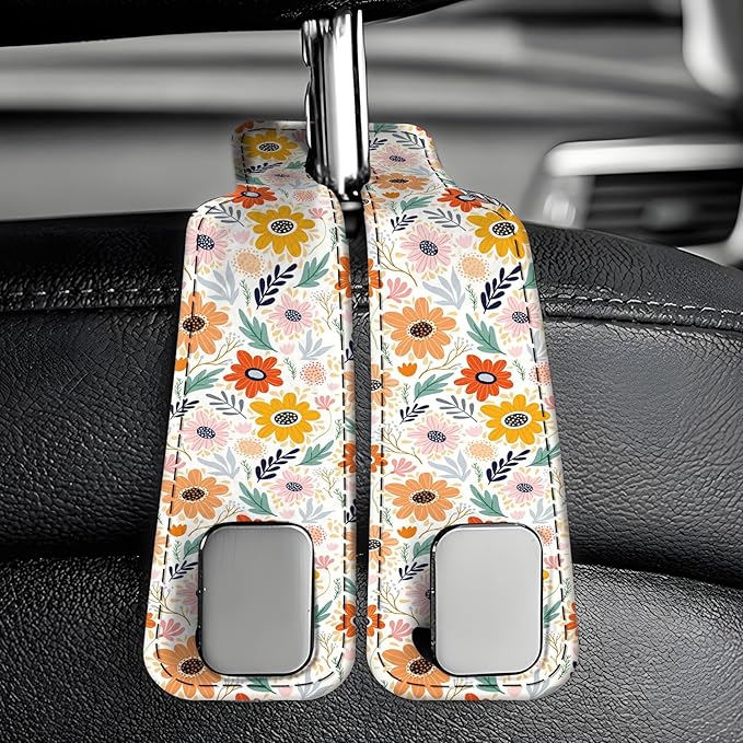 AXBSAKDI Car Seat Back Storage Headrest Hook, Premium Leather Double Metal Hook, Hanger Storage Organizer for Purse Cloth Bag, Car Interior Accessories Colorful Small Flowers