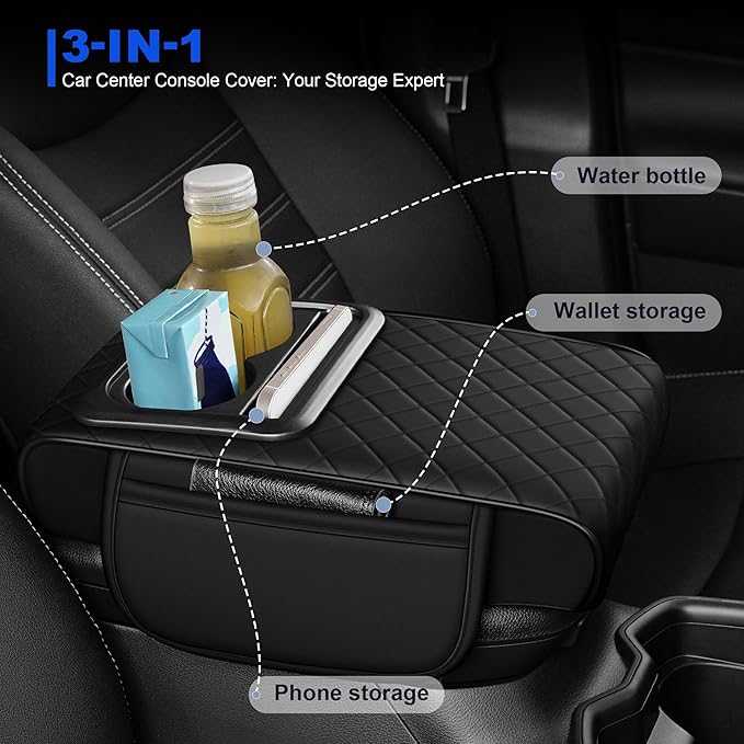 NUWQICD Center Console Cover Leather Armrest Cover Fit for Nissan Altima 1993-2025 Middle Console Cushion with Storage Box&Cup Holder & Phone Slot(Black)
